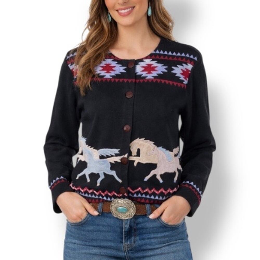 Parsley & Sage Horse Embroidered Southwestern Cotton Cardigan Top Small Black